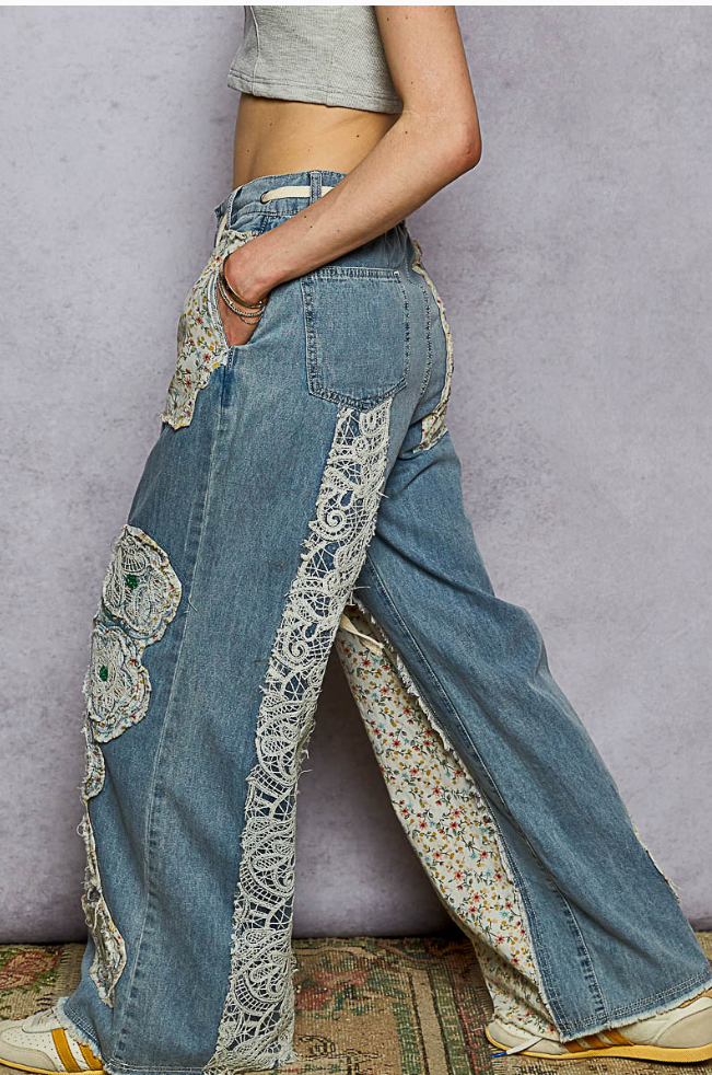 Drawstring Floral Patch Denim Pants