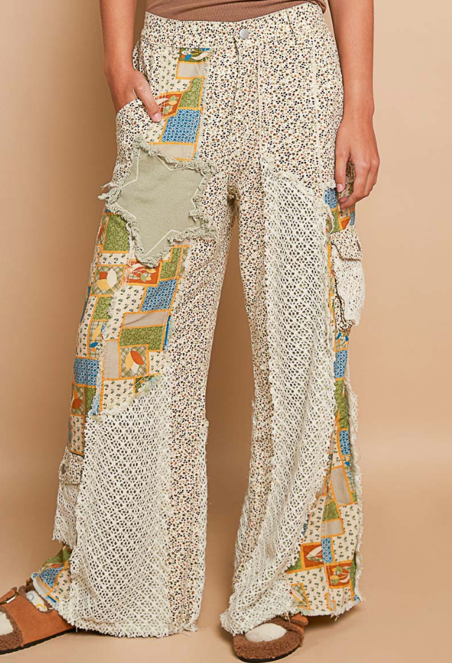 Printed Patchwork Detail Woven Twill Pants