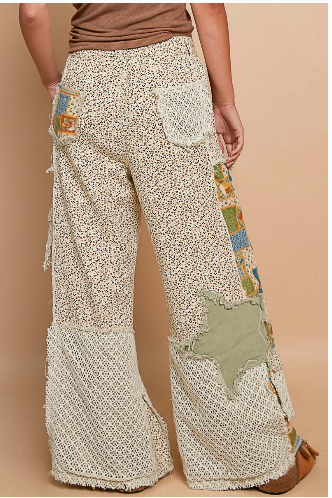 Printed Patchwork Detail Woven Twill Pants