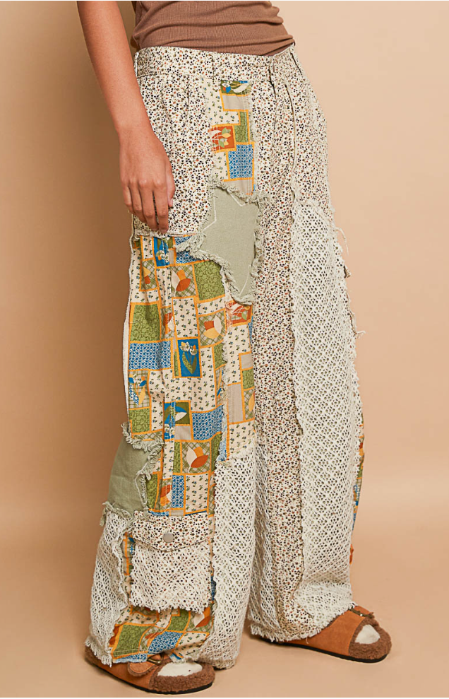 Printed Patchwork Detail Woven Twill Pants