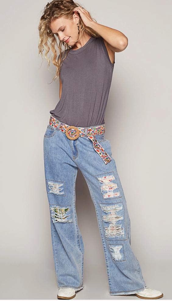 Beaded Circle Buckle Floral Pattern Belt