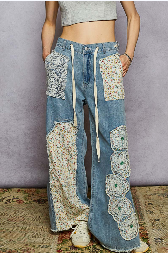 Drawstring Floral Patch Denim Pants