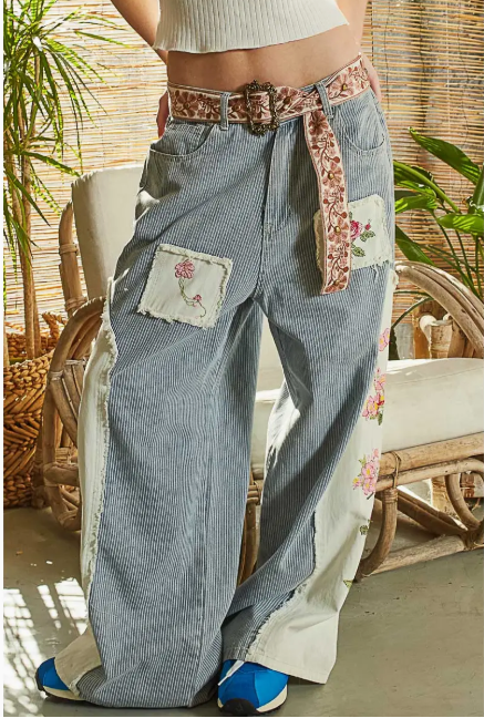 Vintage Washed Embroidered Side Stripe- Denim Pants